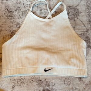 Nike Cream Ribbed High-Neck Cropped Sports Tank with Black Swoosh